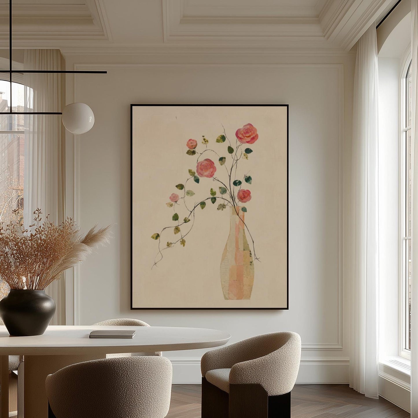Single rose with trailing vine in slim vase, canvas print presented in a light, minimal room