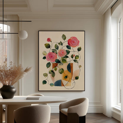 Lush roses spilling from geometric collage vase, canvas print presented in a light, minimal room