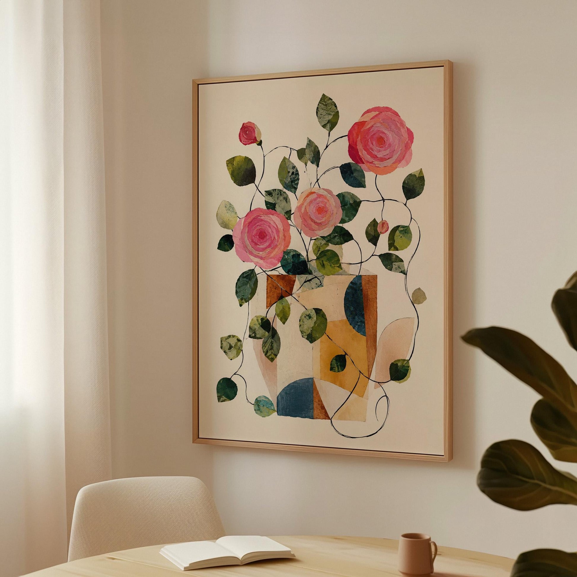 Lush roses spilling from geometric collage vase, canvas print shown in a sunlit, contemporary room