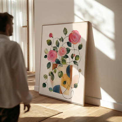 Lush roses spilling from geometric collage vase, canvas wall art seen in a warm interior with natural light