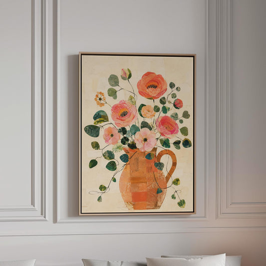 Coral poppies and blooms in a clay jug, canvas print in a bright room with natural daylight