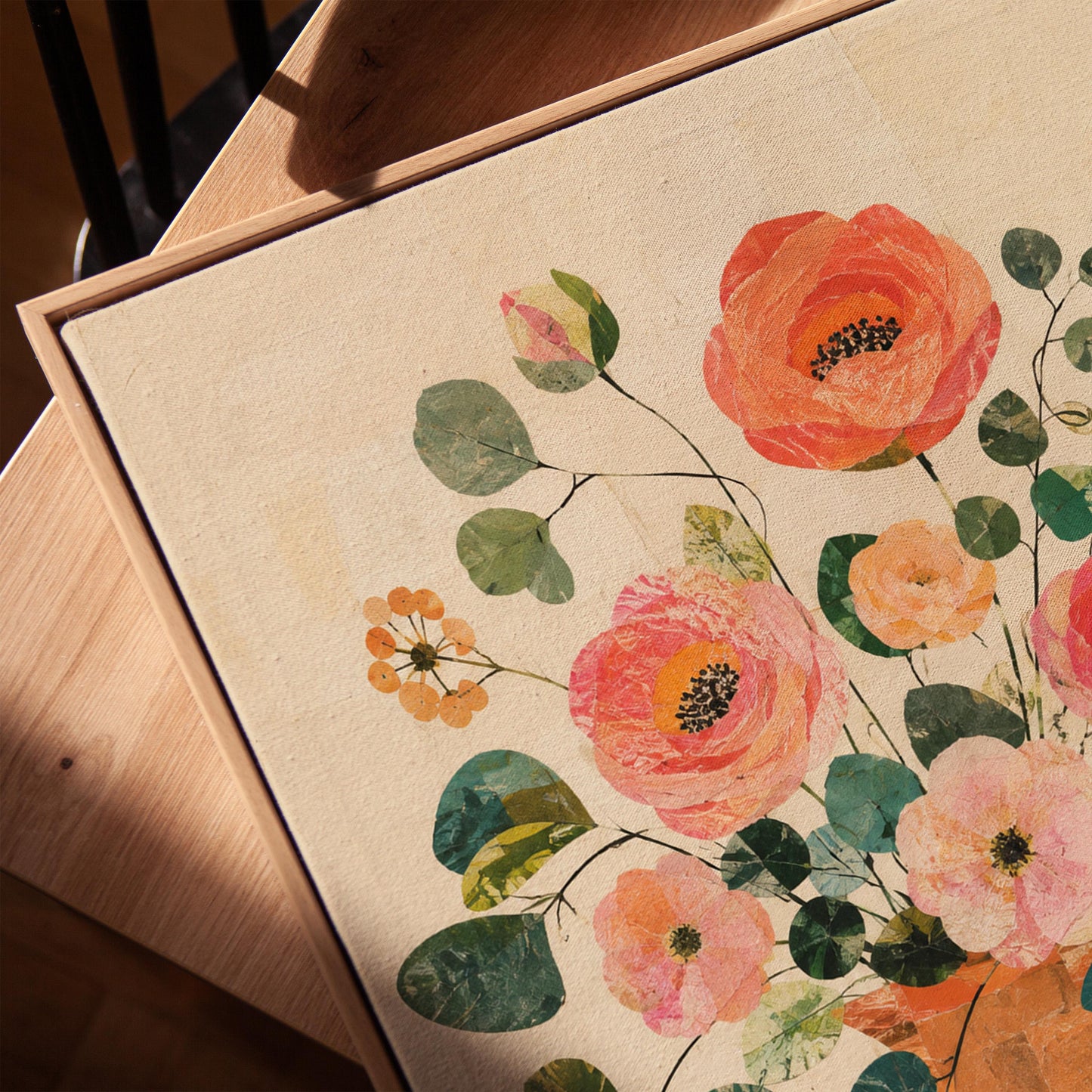 Coral poppies and blooms in a clay jug, canvas print in a warm, minimally styled interior