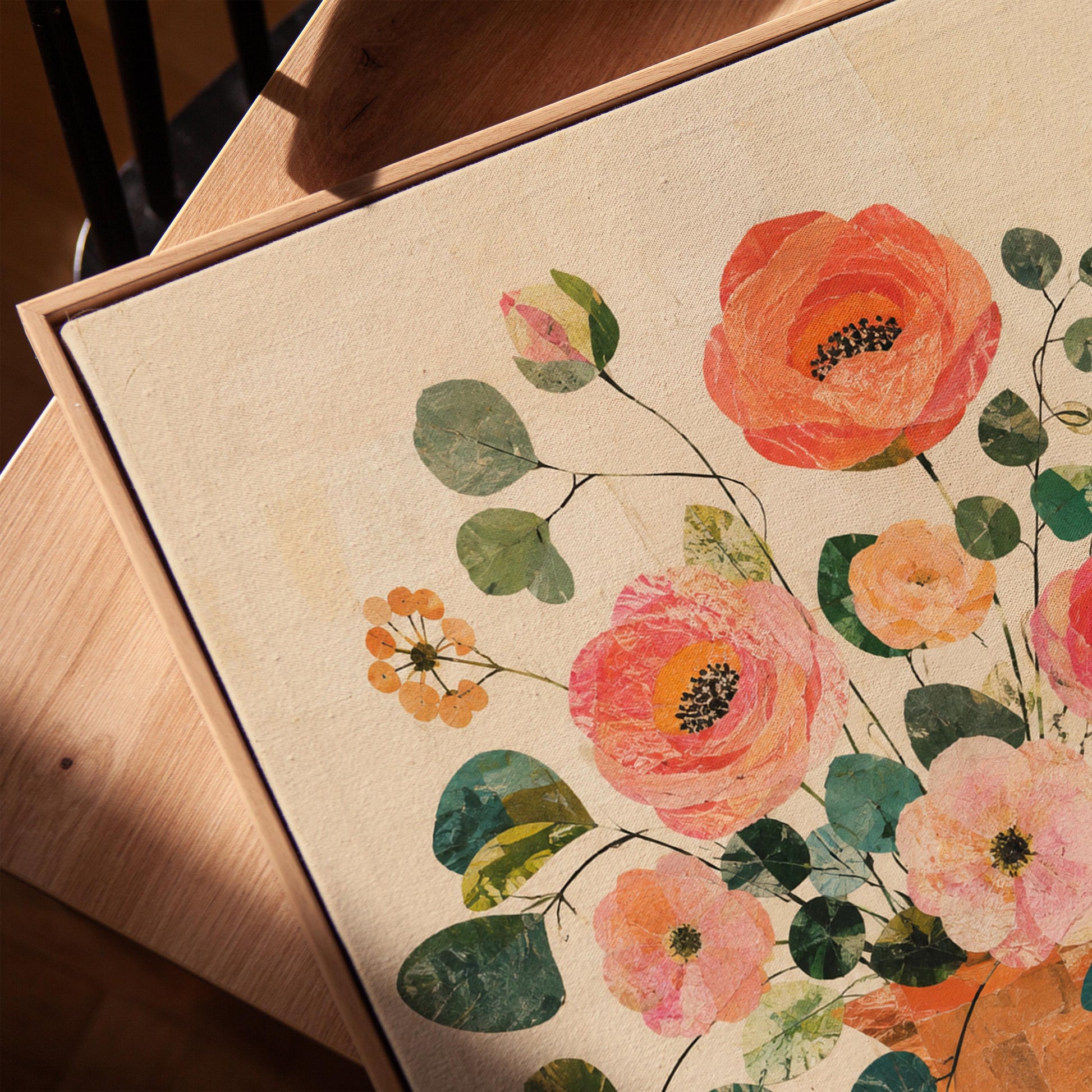 Coral poppies and blooms in a clay jug, canvas print in a warm, minimally styled interior