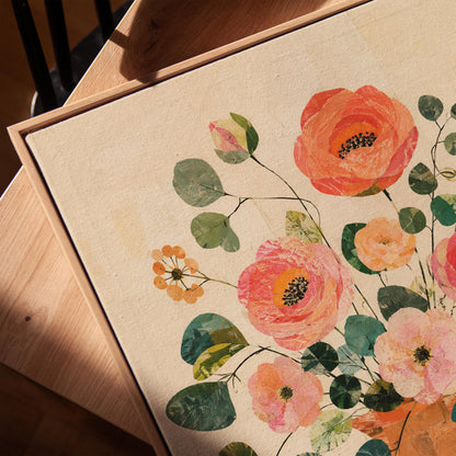 Coral poppies and blooms in a clay jug, canvas print in a warm, minimally styled interior