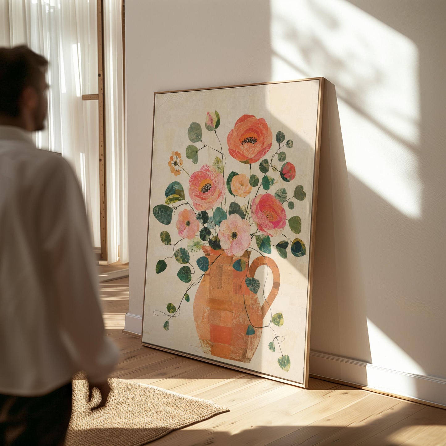 Coral poppies and blooms in a clay jug, canvas print seen in a warm interior with natural light