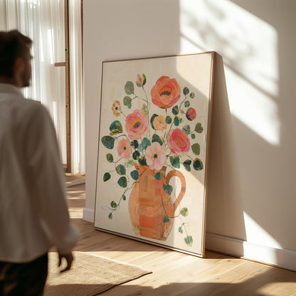 Coral poppies and blooms in a clay jug, canvas print seen in a warm interior with natural light