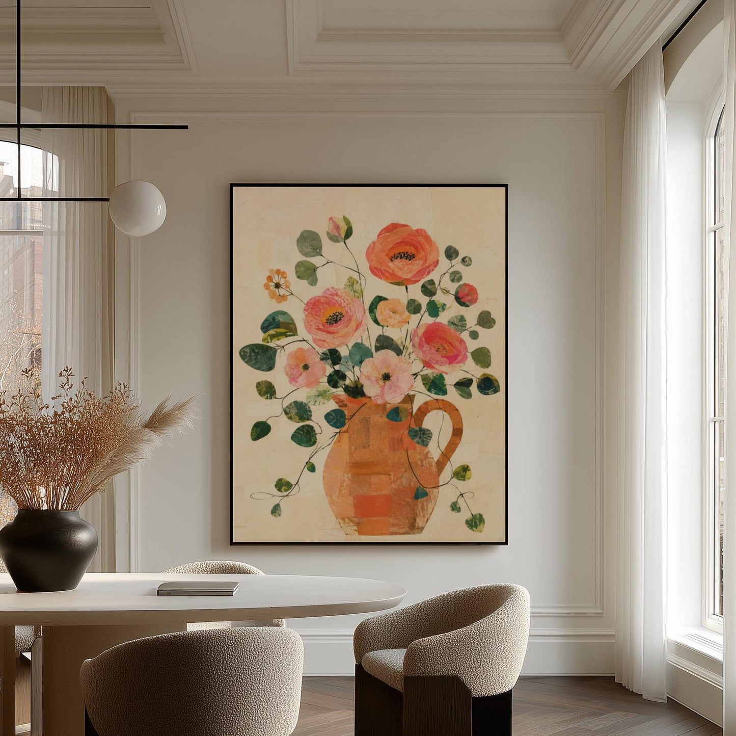 Coral poppies and blooms in a clay jug, canvas print presented in a light, minimal room