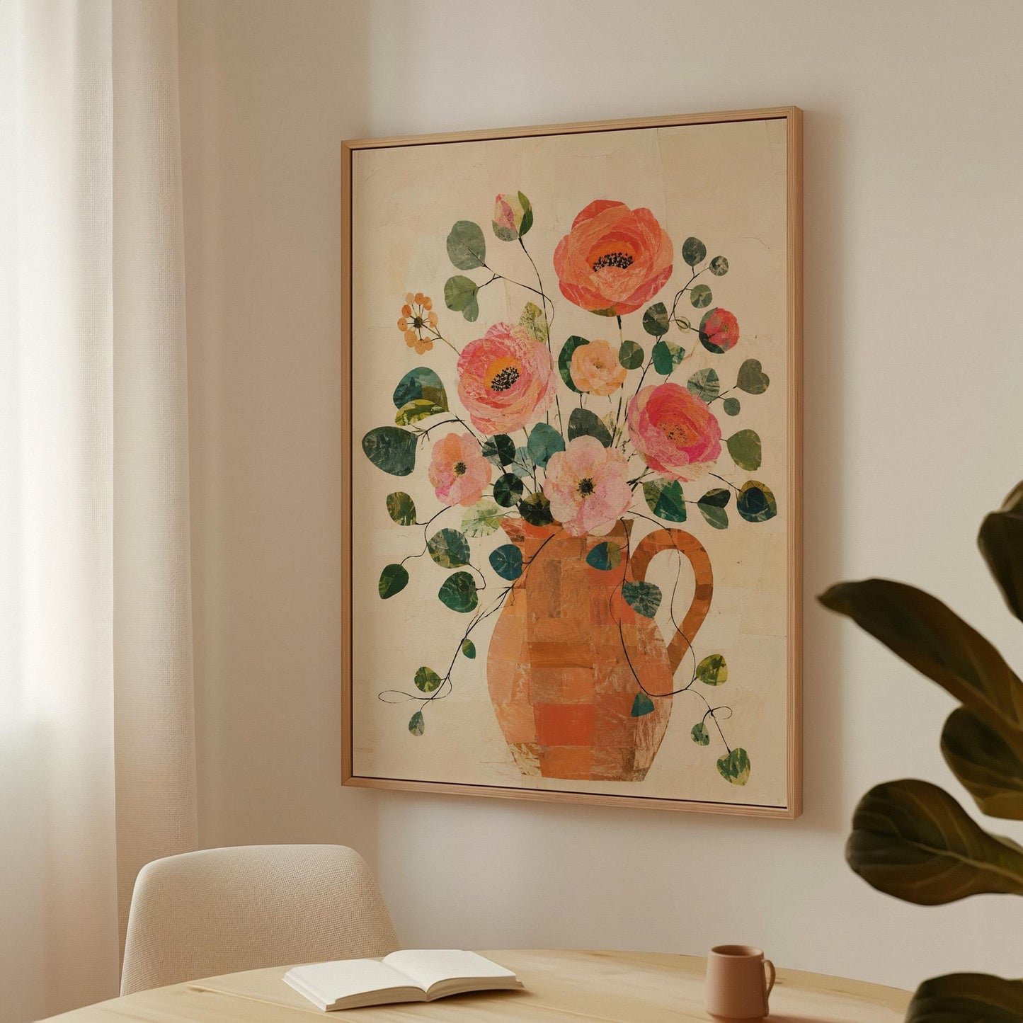 Coral poppies and blooms in a clay jug, canvas print displayed on a neutral wall in a styled interior