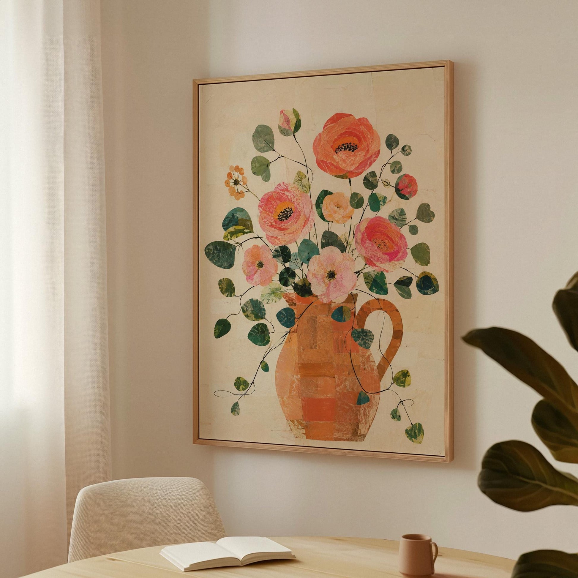 Coral poppies and blooms in a clay jug, canvas print displayed on a neutral wall in a styled interior