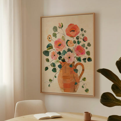 Coral poppies and blooms in a clay jug, canvas print displayed on a neutral wall in a styled interior