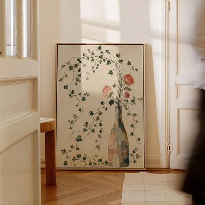 Ivy vines and single rose trailing from bottle vase, canvas print hanging in a calm, modern living space