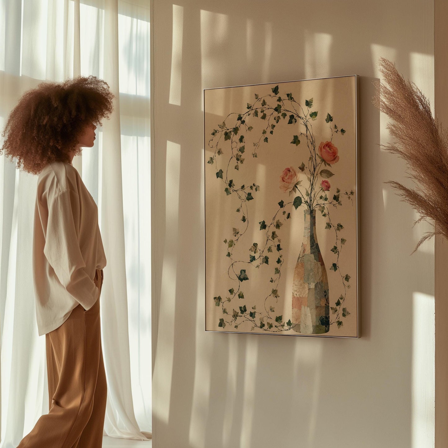 Ivy vines and single rose trailing from bottle vase, canvas print seen in a warm interior with natural light