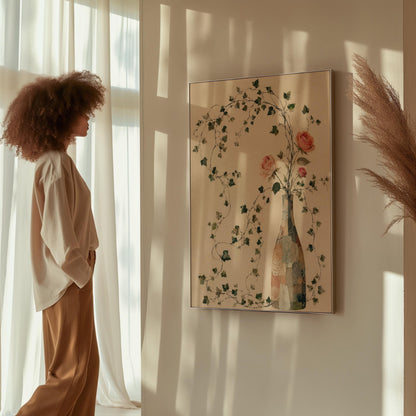 Ivy vines and single rose trailing from bottle vase, canvas print seen in a warm interior with natural light