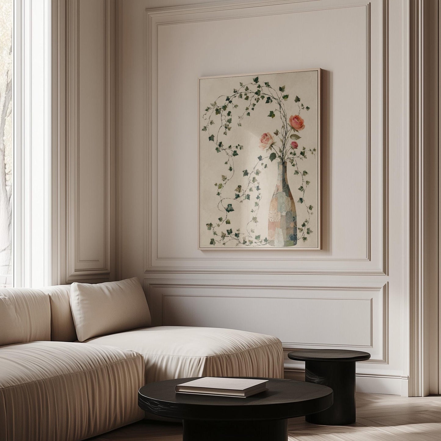 Ivy vines and single rose trailing from bottle vase, canvas print shown to scale in a furnished room