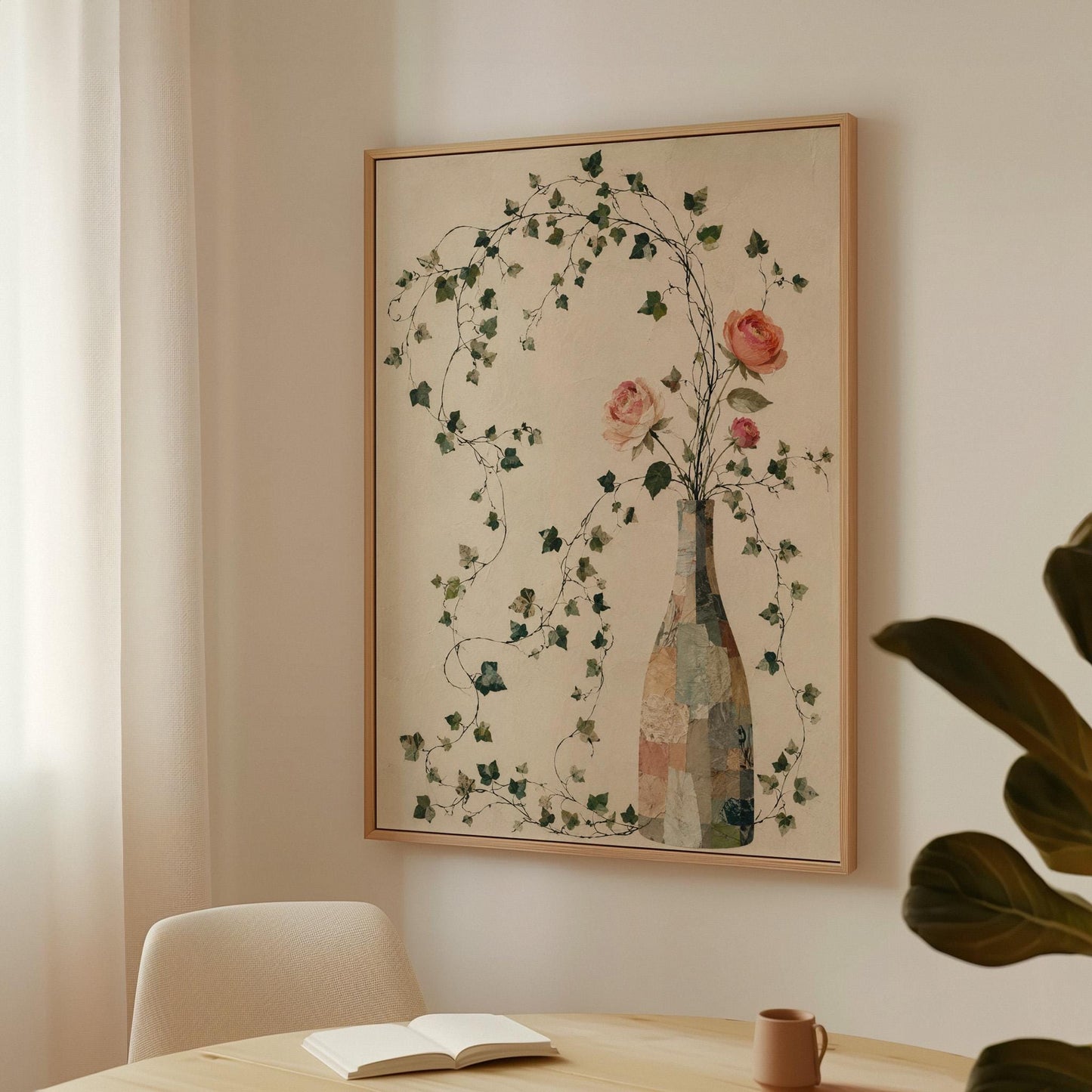 Ivy vines and single rose trailing from bottle vase, canvas wall art styled against a soft white wall