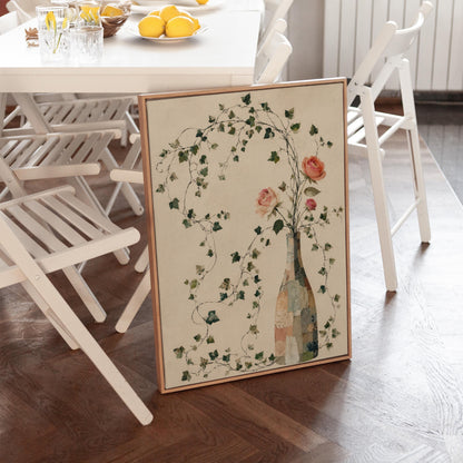 Ivy vines and single rose trailing from bottle vase, canvas wall art seen in a warm interior with natural light