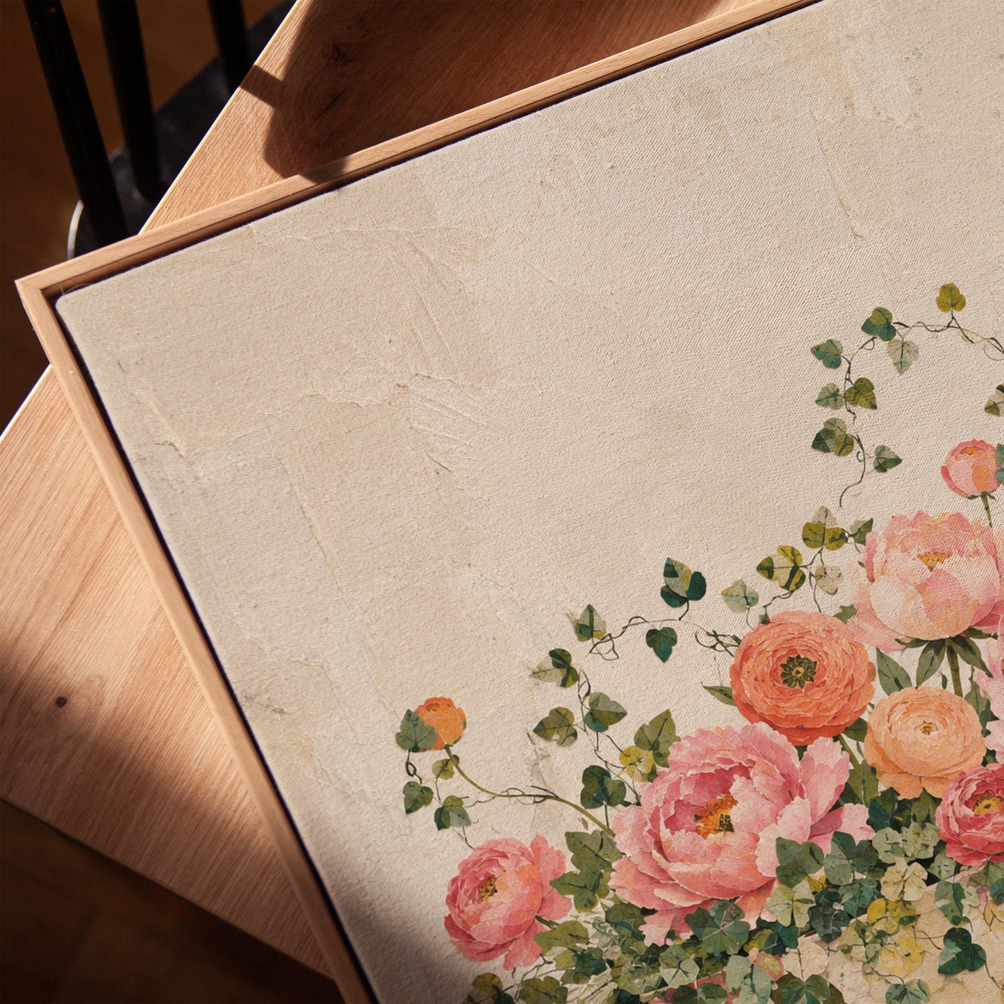 Blush peonies in bowl with cascading ivy, canvas print in a warm, minimally styled interior