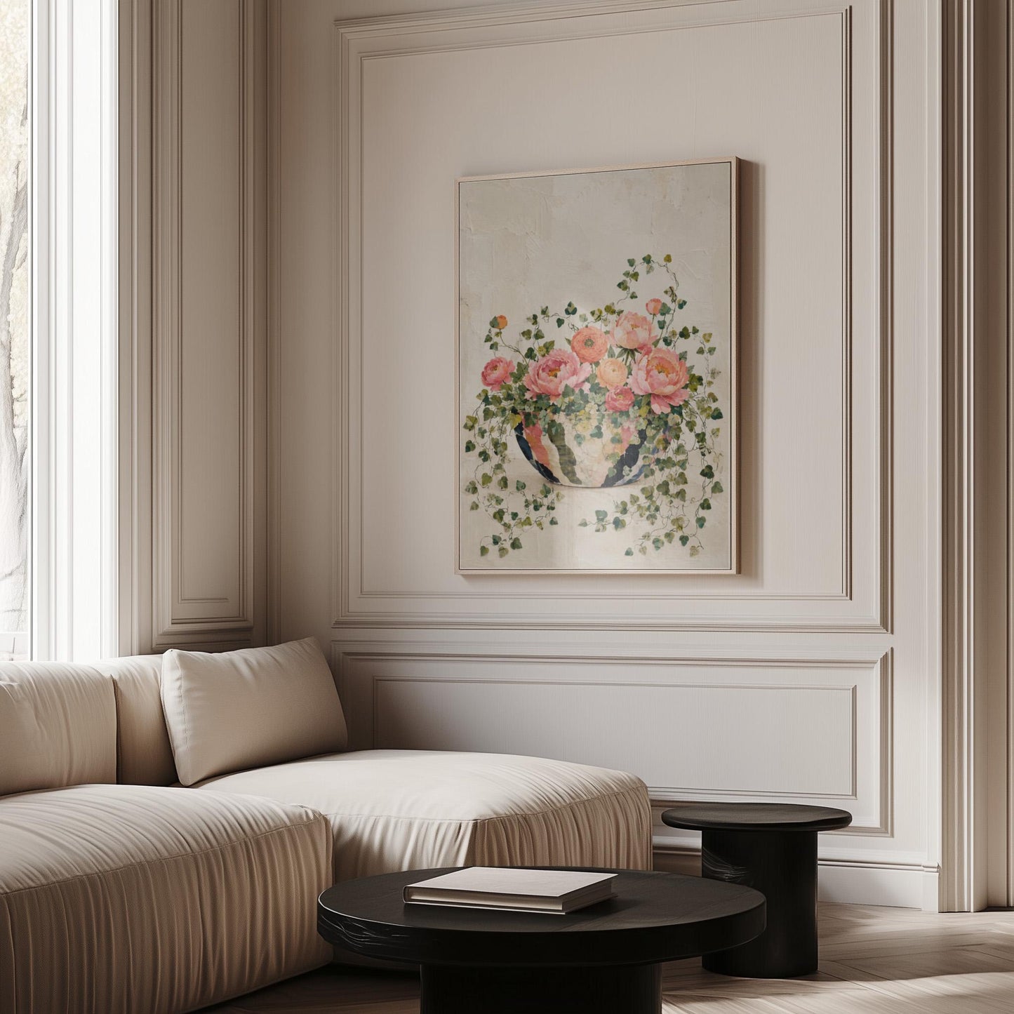 Blush peonies in bowl with cascading ivy, canvas print shown to scale in a furnished room