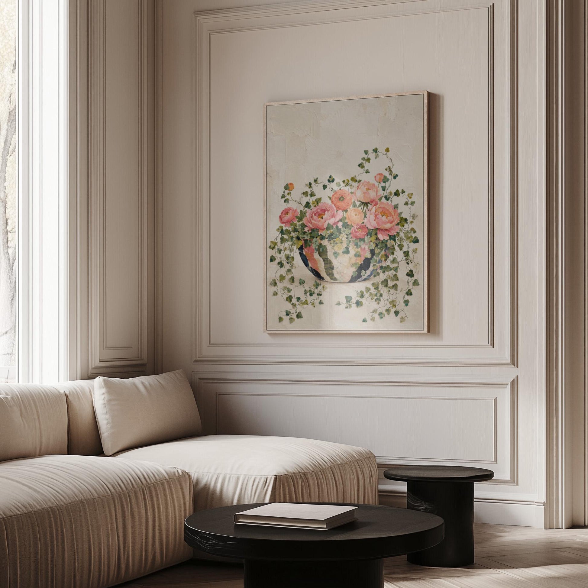 Blush peonies in bowl with cascading ivy, canvas print shown to scale in a furnished room