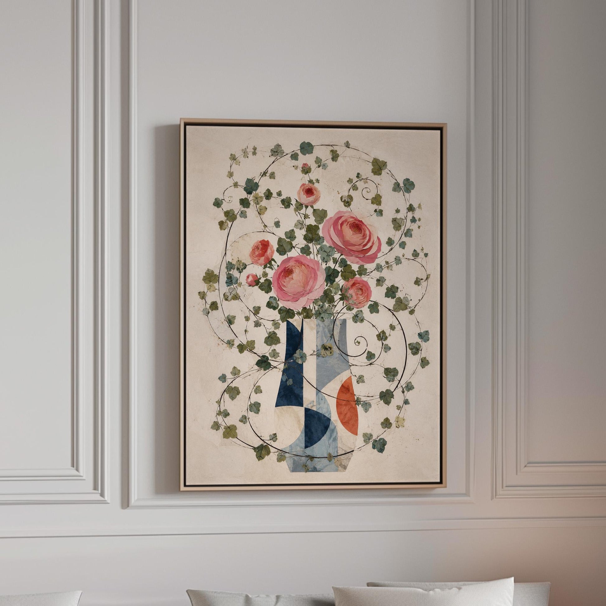 Roses on wildly curling vines above geometric vase, canvas print in a bright room with natural daylight