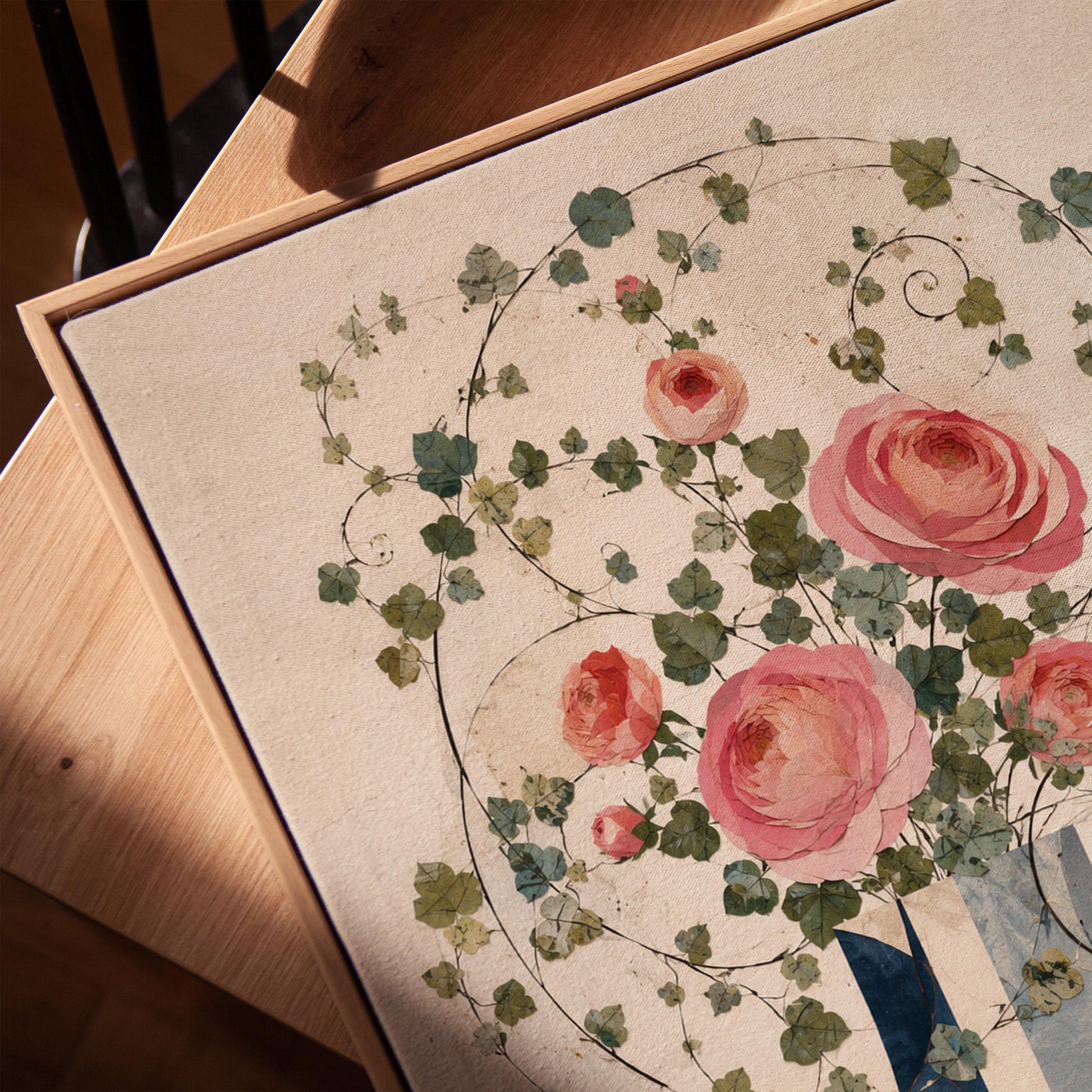 Roses on wildly curling vines above geometric vase, canvas print in a warm, minimally styled interior