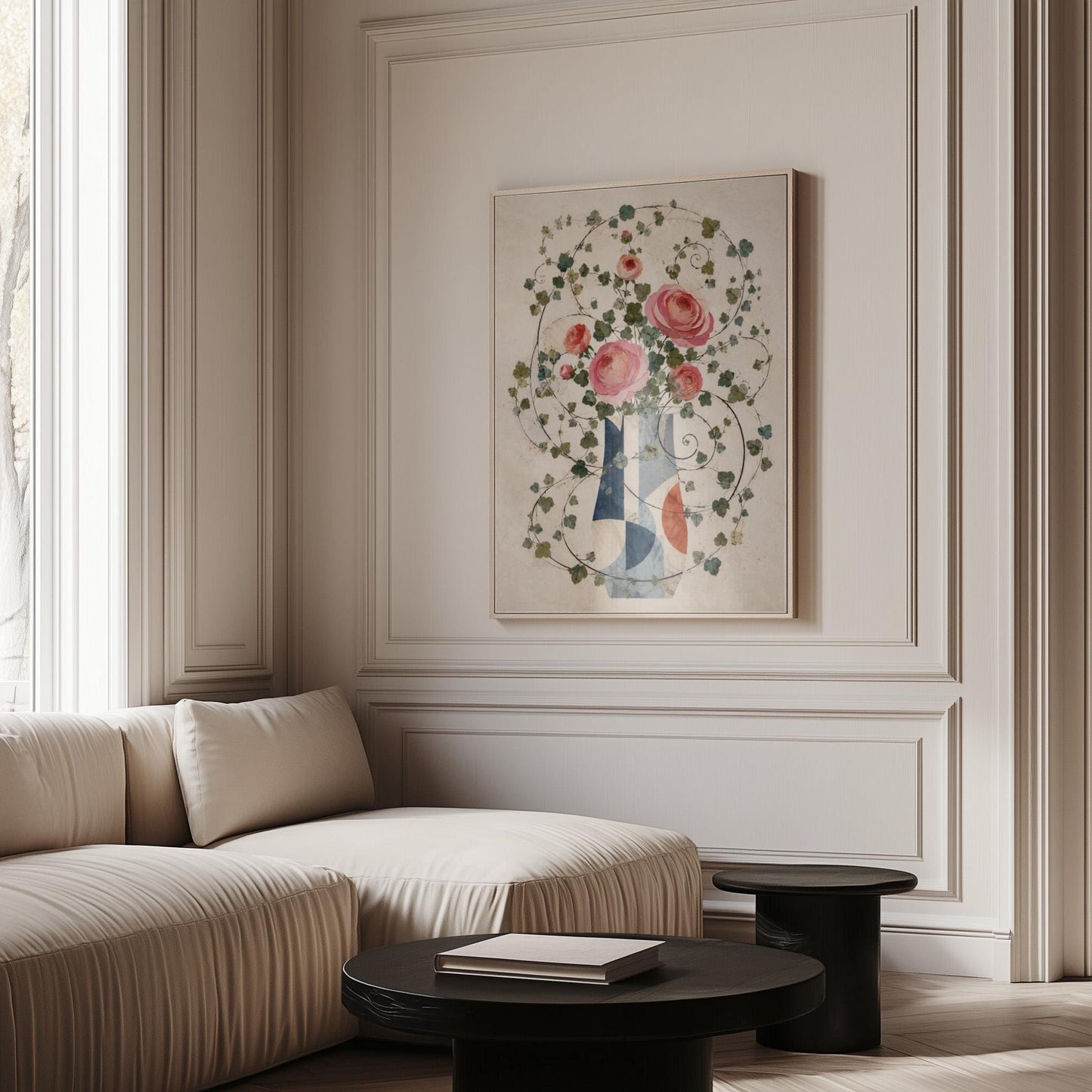 Roses on wildly curling vines above geometric vase, canvas print seen in a warm interior with natural light