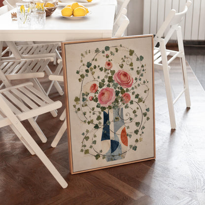 Roses on wildly curling vines above geometric vase, canvas print on a quiet wall in a considered interior