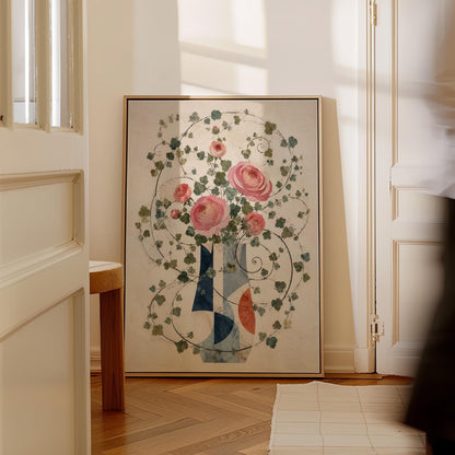 Roses on wildly curling vines above geometric vase, canvas wall art seen in a warm interior with natural light