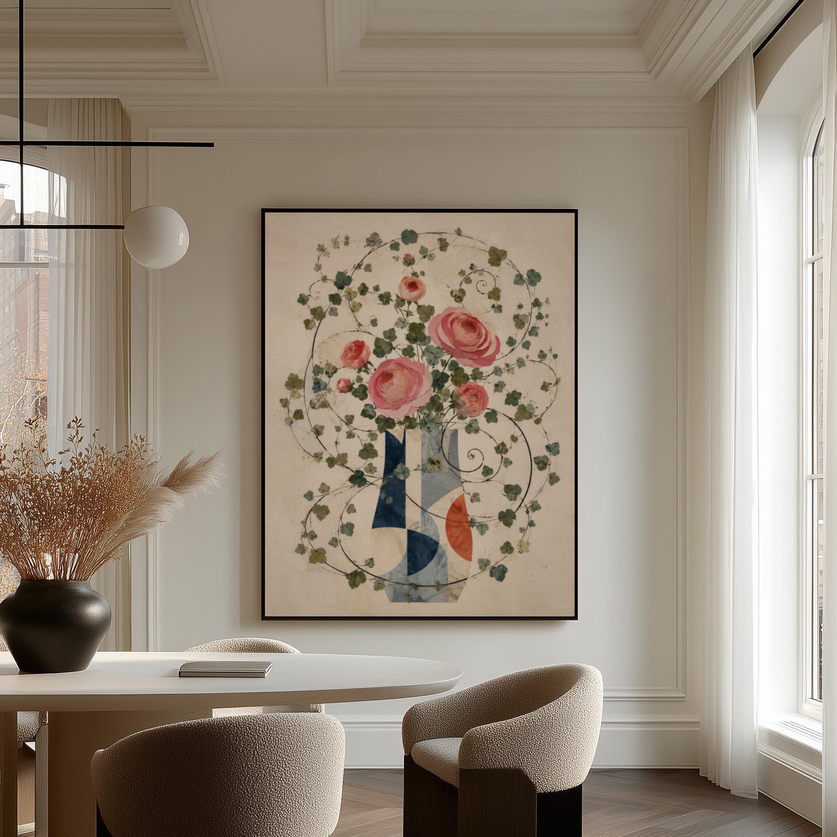 Roses on wildly curling vines above geometric vase, canvas wall art on a quiet wall in a considered interior