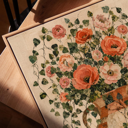 Peach roses overflowing from antique amphora, canvas print in a warm, minimally styled interior
