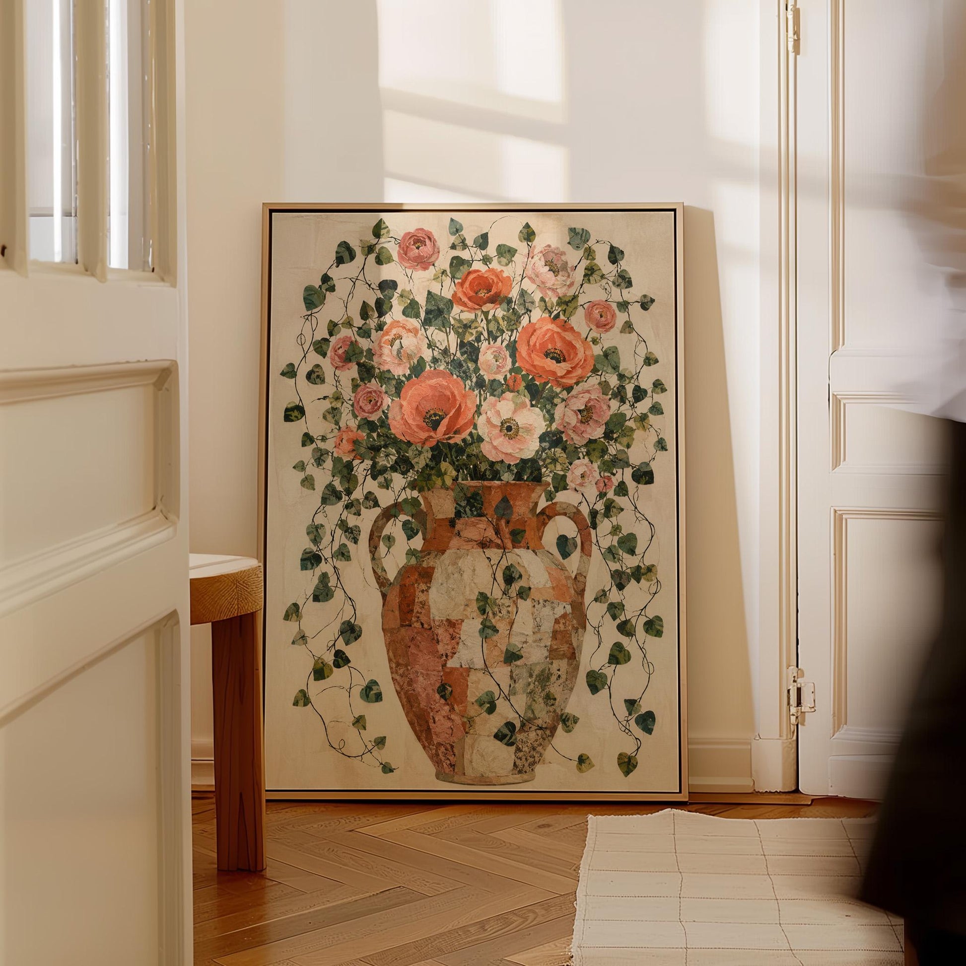 Peach roses overflowing from antique amphora, canvas print styled against a soft white wall
