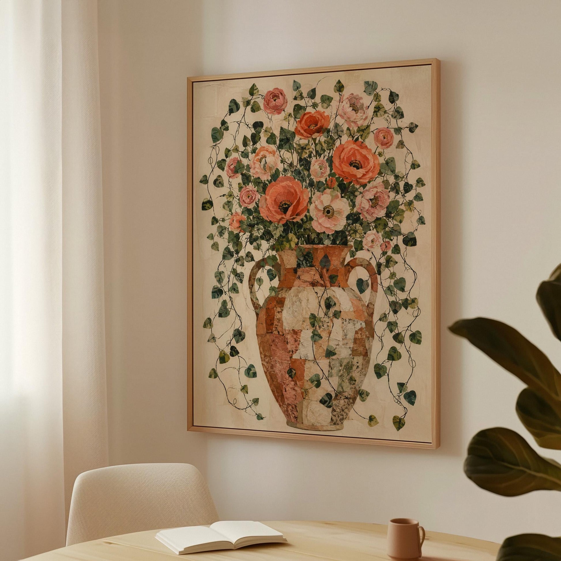Peach roses overflowing from antique amphora, canvas print shown to scale in a furnished room