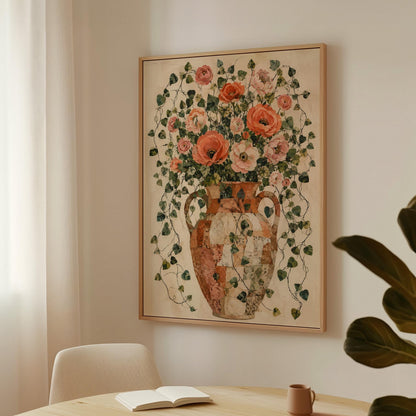 Peach roses overflowing from antique amphora, canvas print shown to scale in a furnished room