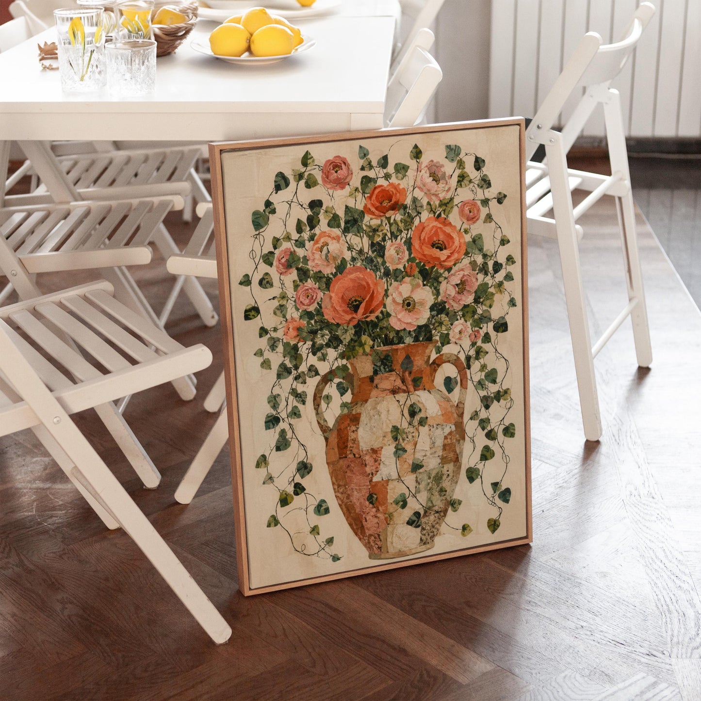 Peach roses overflowing from antique amphora, canvas print displayed on a neutral wall in a styled interior