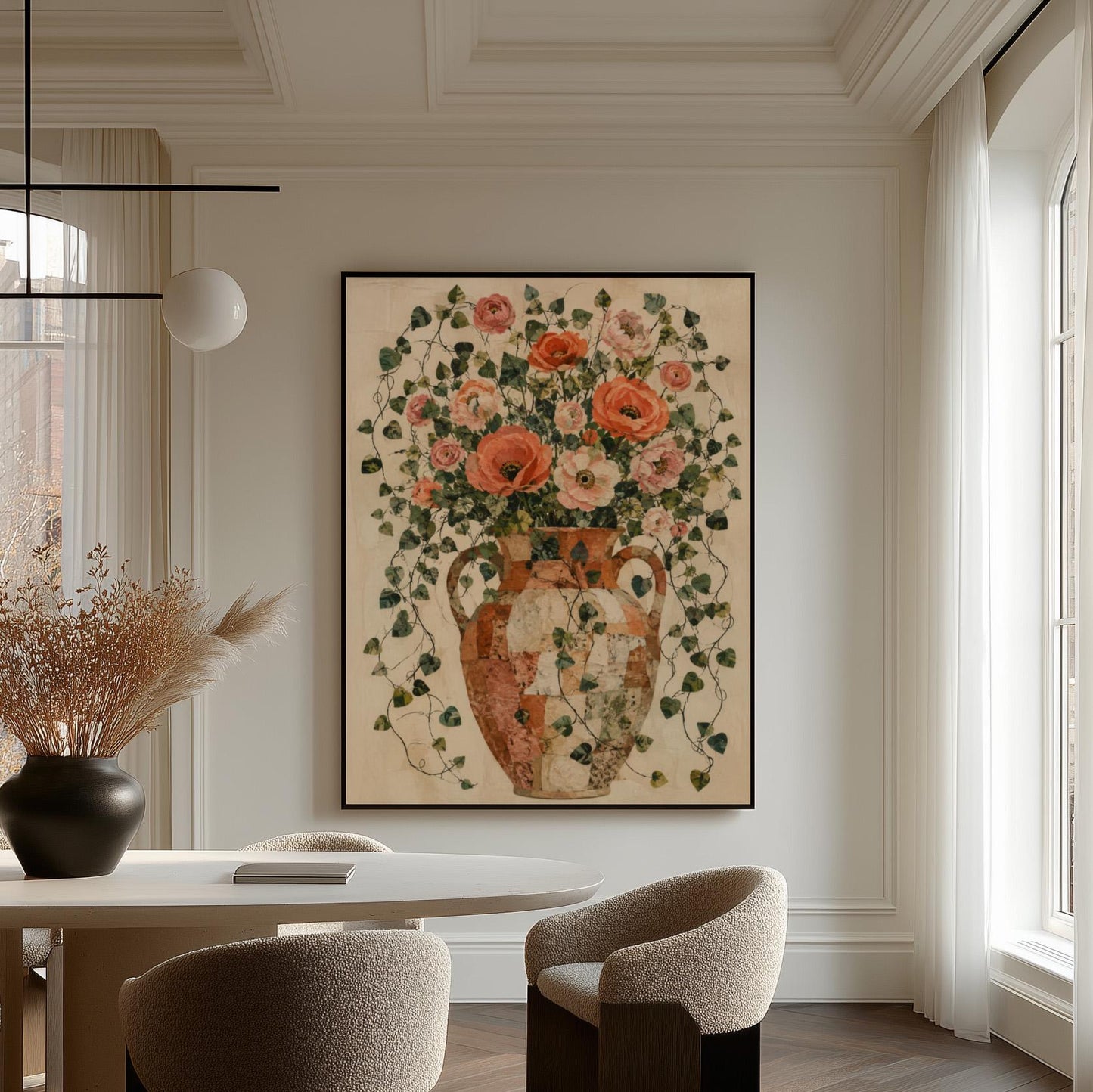 Peach roses overflowing from antique amphora, canvas wall art styled against a soft white wall