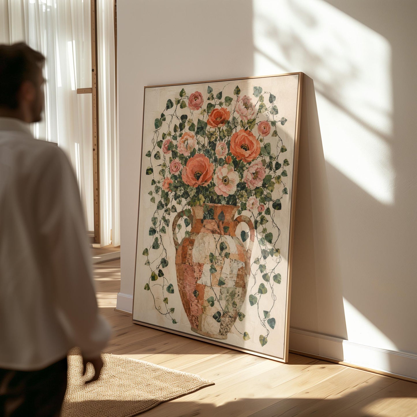 Peach roses overflowing from antique amphora, canvas wall art on a quiet wall in a considered interior