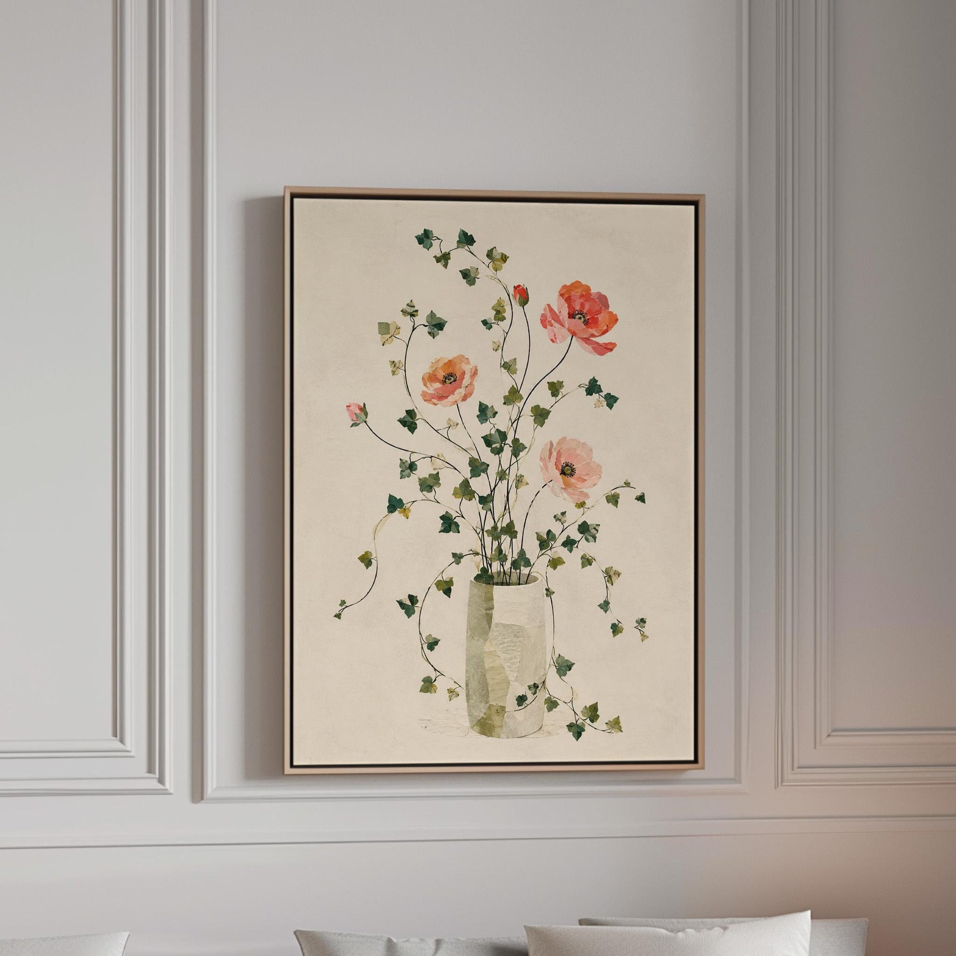 Coral poppies with ivy stems in slender vase, canvas print in a bright room with natural daylight