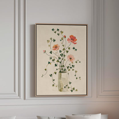 Coral poppies with ivy stems in slender vase, canvas print in a bright room with natural daylight
