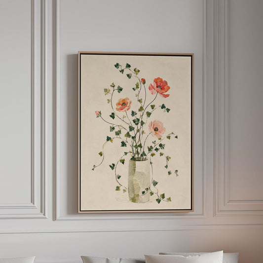 Coral poppies with ivy stems in slender vase, canvas print in a bright room with natural daylight