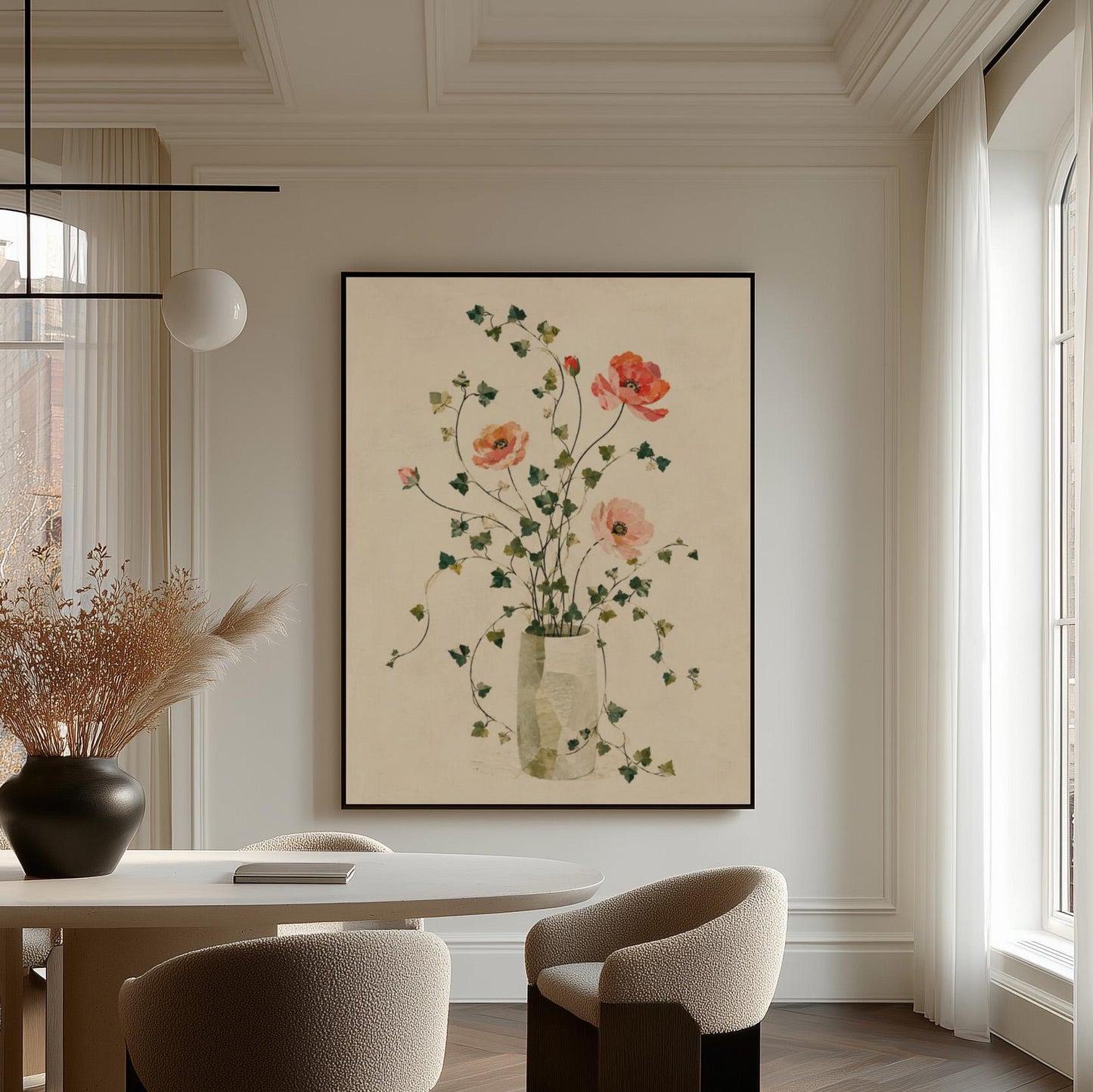 Coral poppies with ivy stems in slender vase, canvas print presented in a light, minimal room