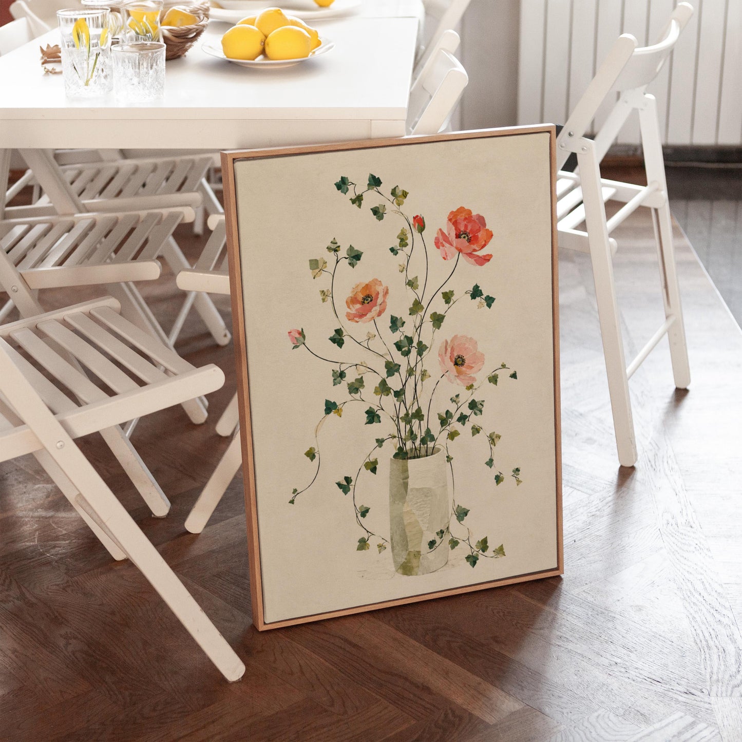 Coral poppies with ivy stems in slender vase, canvas print shown to scale in a furnished room