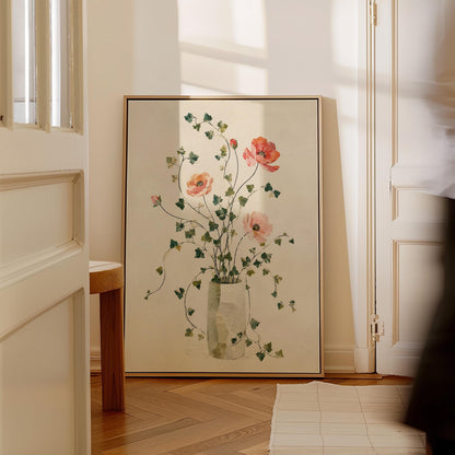 Coral poppies with ivy stems in slender vase, canvas print displayed on a neutral wall in a styled interior