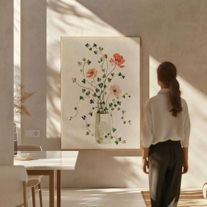 Coral poppies with ivy stems in slender vase, canvas wall art seen in a warm interior with natural light