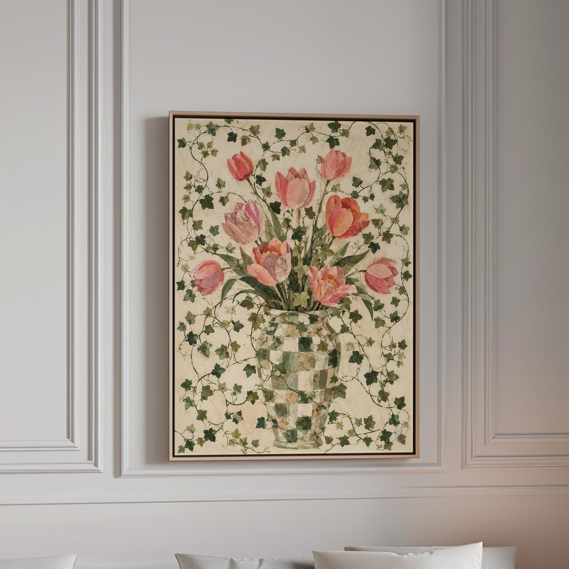 Lush pink tulip bouquet in checkered vase, canvas print in a bright room with natural daylight
