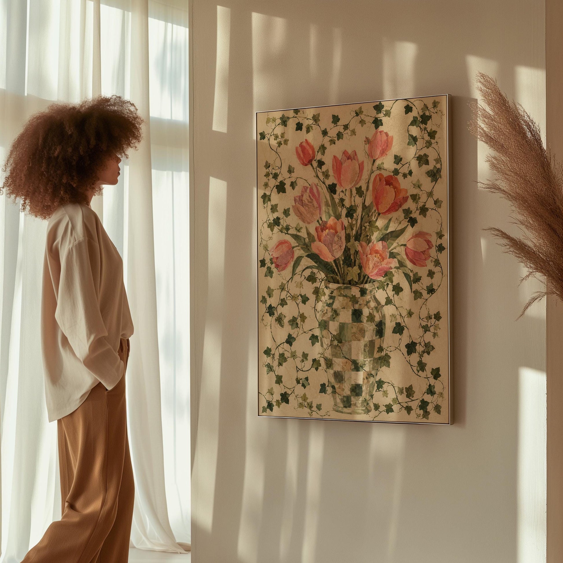 Lush pink tulip bouquet in checkered vase, canvas print styled against a soft white wall