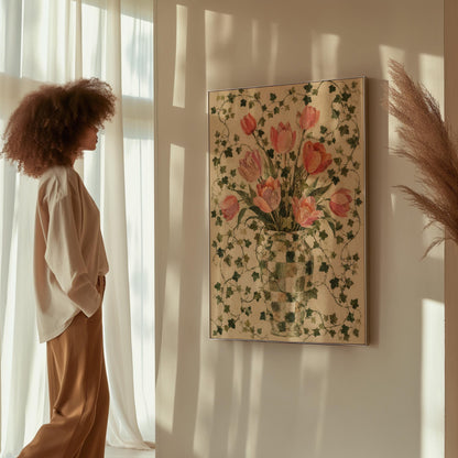 Lush pink tulip bouquet in checkered vase, canvas print styled against a soft white wall