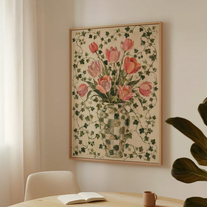 Lush pink tulip bouquet in checkered vase, canvas print shown to scale in a furnished room
