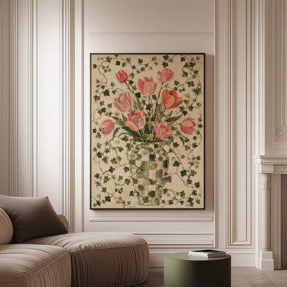 Lush pink tulip bouquet in checkered vase, canvas print on a softly lit wall in a calm interior