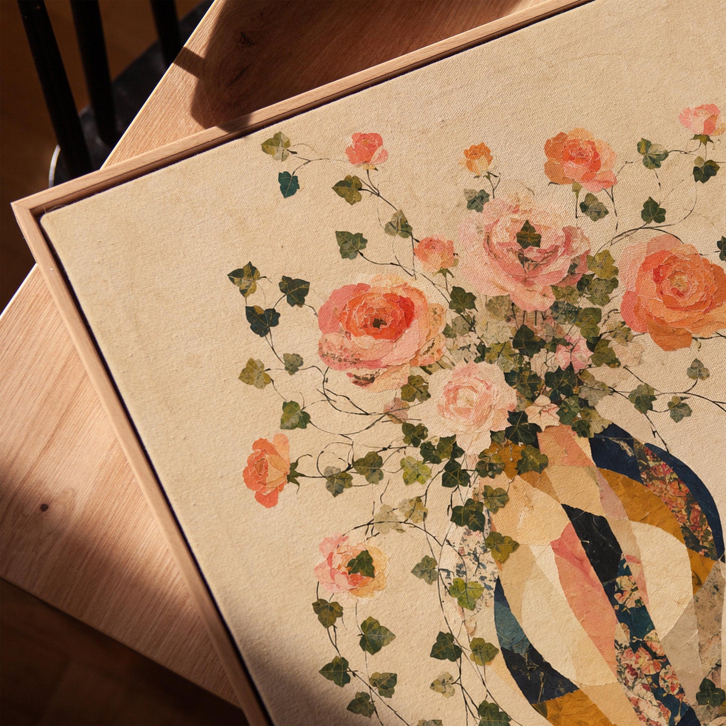 Roses and sprawling ivy around striped amphora, canvas print in a warm, minimally styled interior
