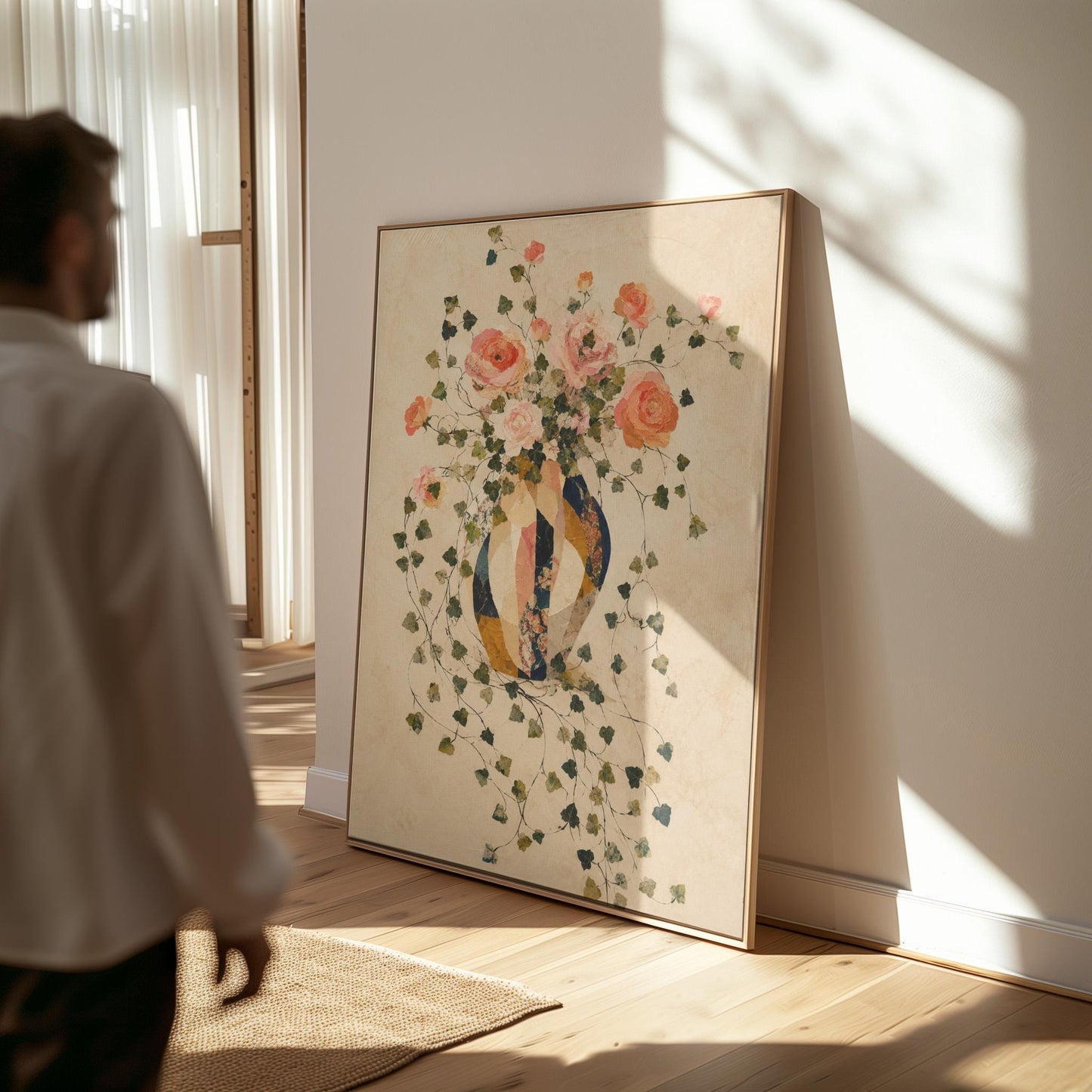 Roses and sprawling ivy around striped amphora, canvas print seen in a warm interior with natural light